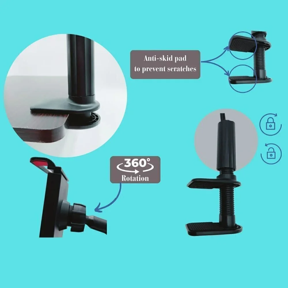 Universal Cell Phone Holder Bracket Clamp, Gooseneck Bed Table Desk Stand, Black